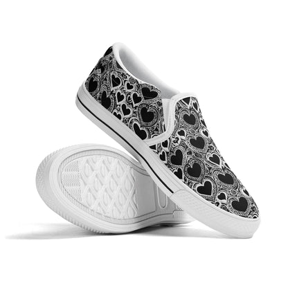 Women's Black and White Groovy Hearts Rubber Slip On Shoes - DeRose Seasonal