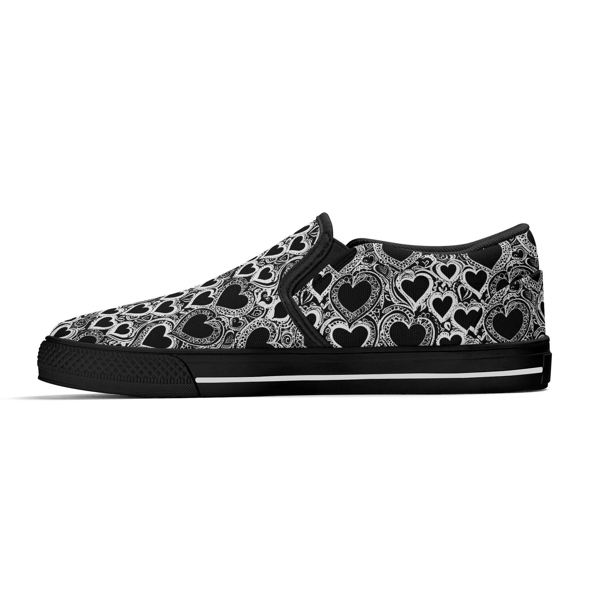 Women's Black and White Groovy Hearts Rubber Slip On Shoes - DeRose Seasonal