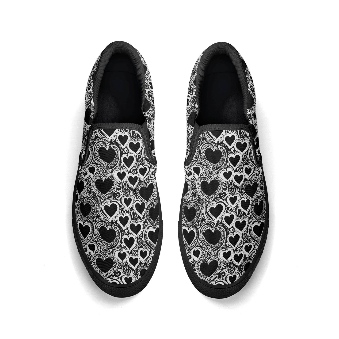 Women's Black and White Groovy Hearts Rubber Slip On Shoes - DeRose Seasonal