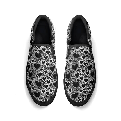 Women's Black and White Groovy Hearts Rubber Slip On Shoes - DeRose Seasonal