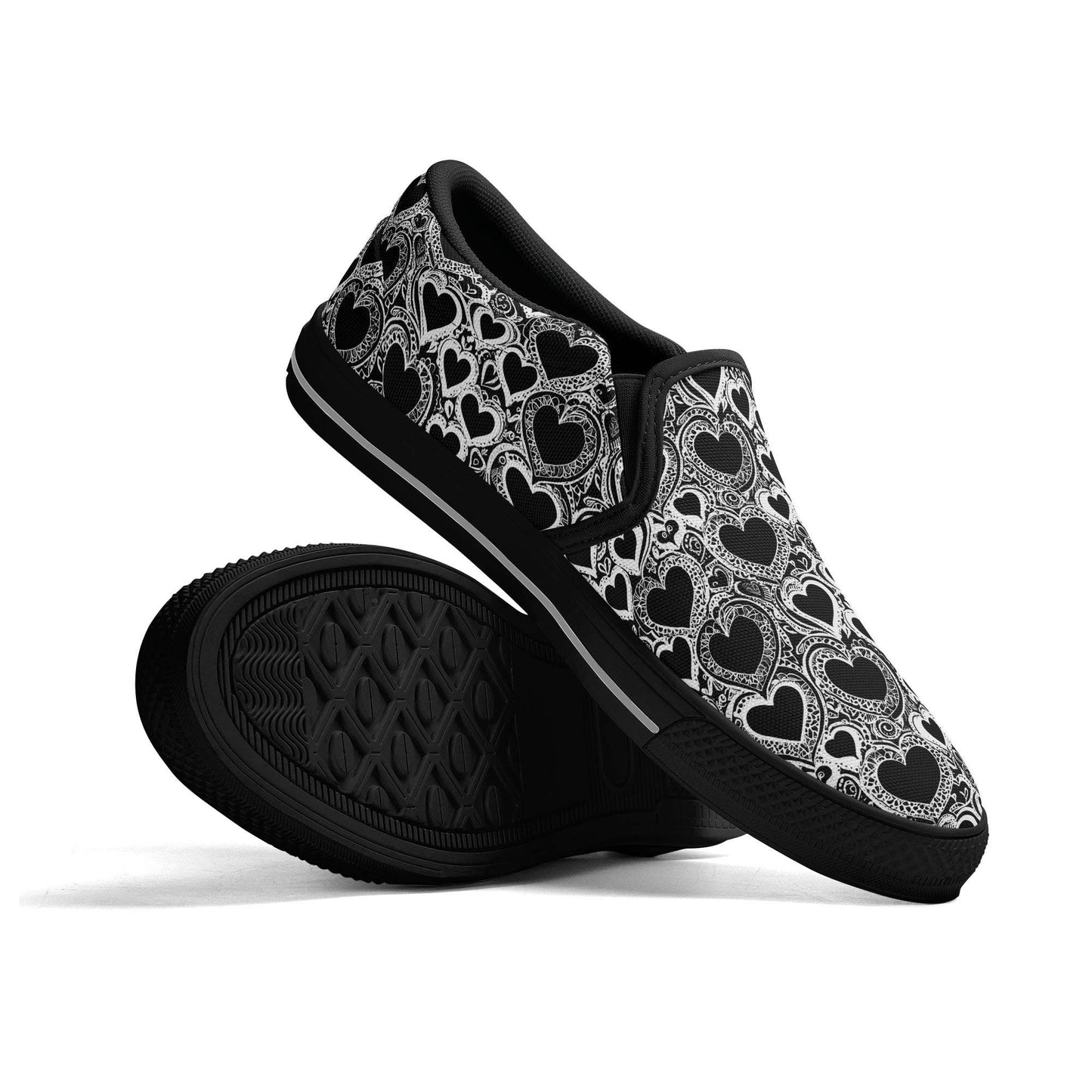 Women's Black and White Groovy Hearts Rubber Slip On Shoes - DeRose Seasonal