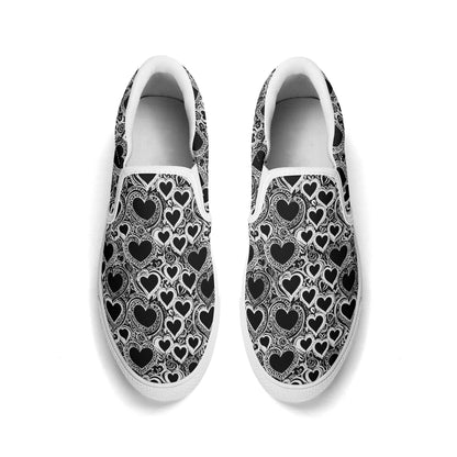 Women's Black and White Groovy Hearts Rubber Slip On Shoes - DeRose Seasonal