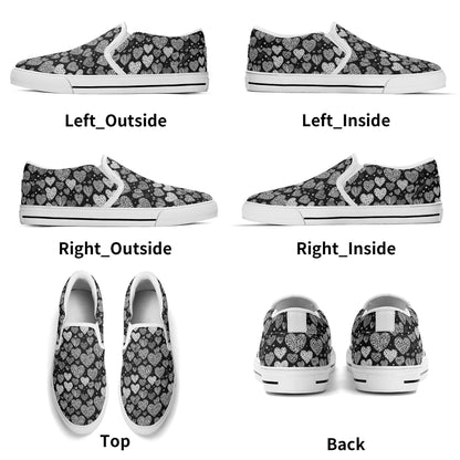 Women's Black and White Hearts Rubber Slip On Shoes - DeRose Seasonal
