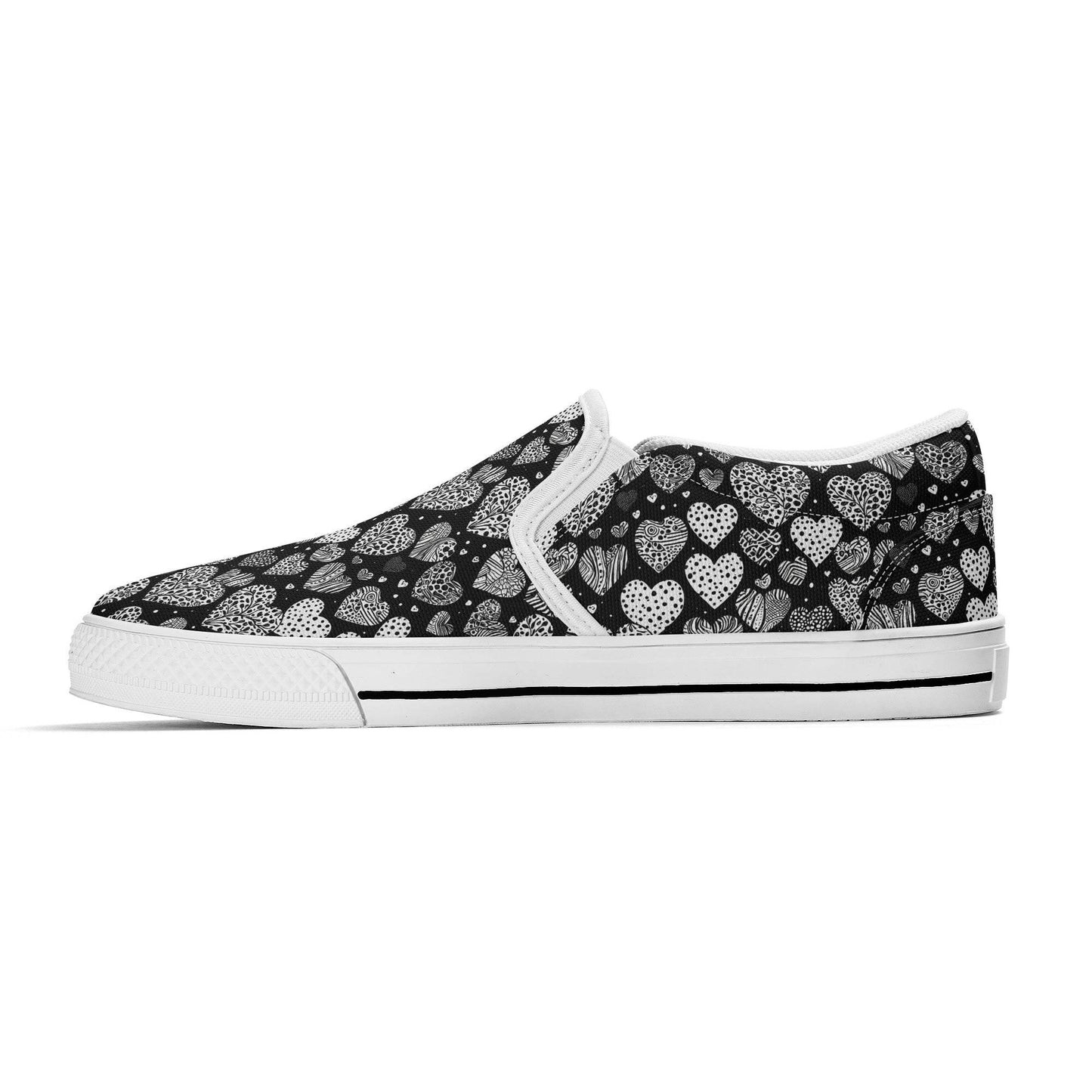 Women's Black and White Hearts Rubber Slip On Shoes - DeRose Seasonal