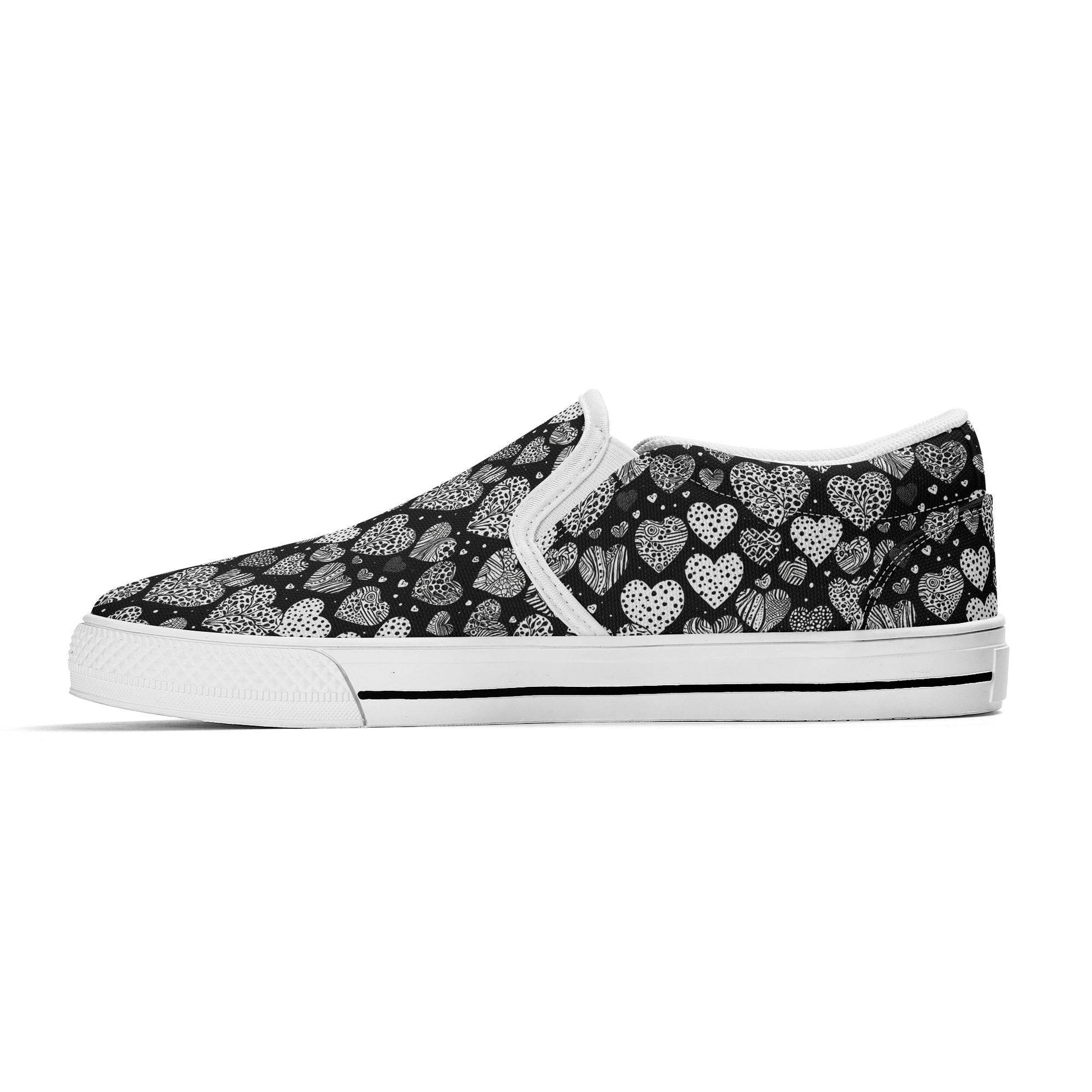 Women's Black and White Hearts Rubber Slip On Shoes - DeRose Seasonal