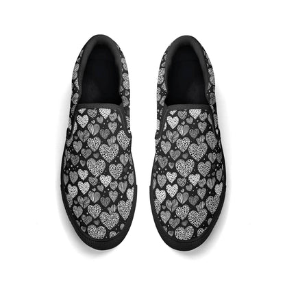Women's Black and White Hearts Rubber Slip On Shoes - DeRose Seasonal