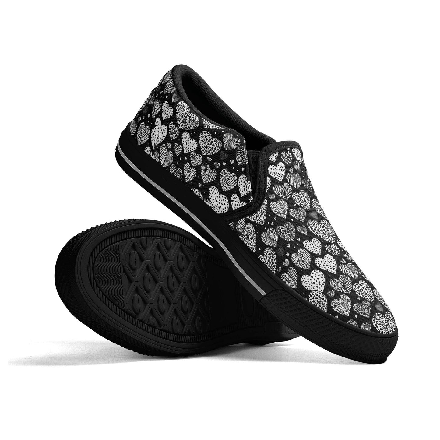 Women's Black and White Hearts Rubber Slip On Shoes - DeRose Seasonal
