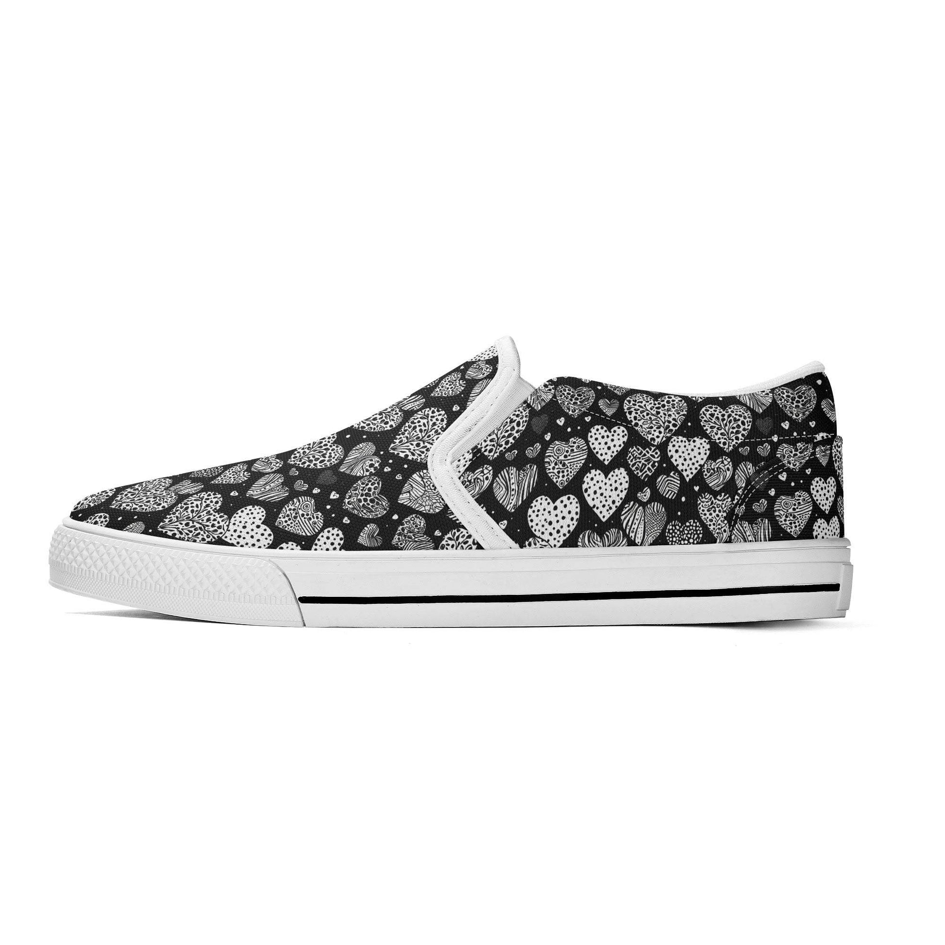 Women's Black and White Hearts Rubber Slip On Shoes - DeRose Seasonal