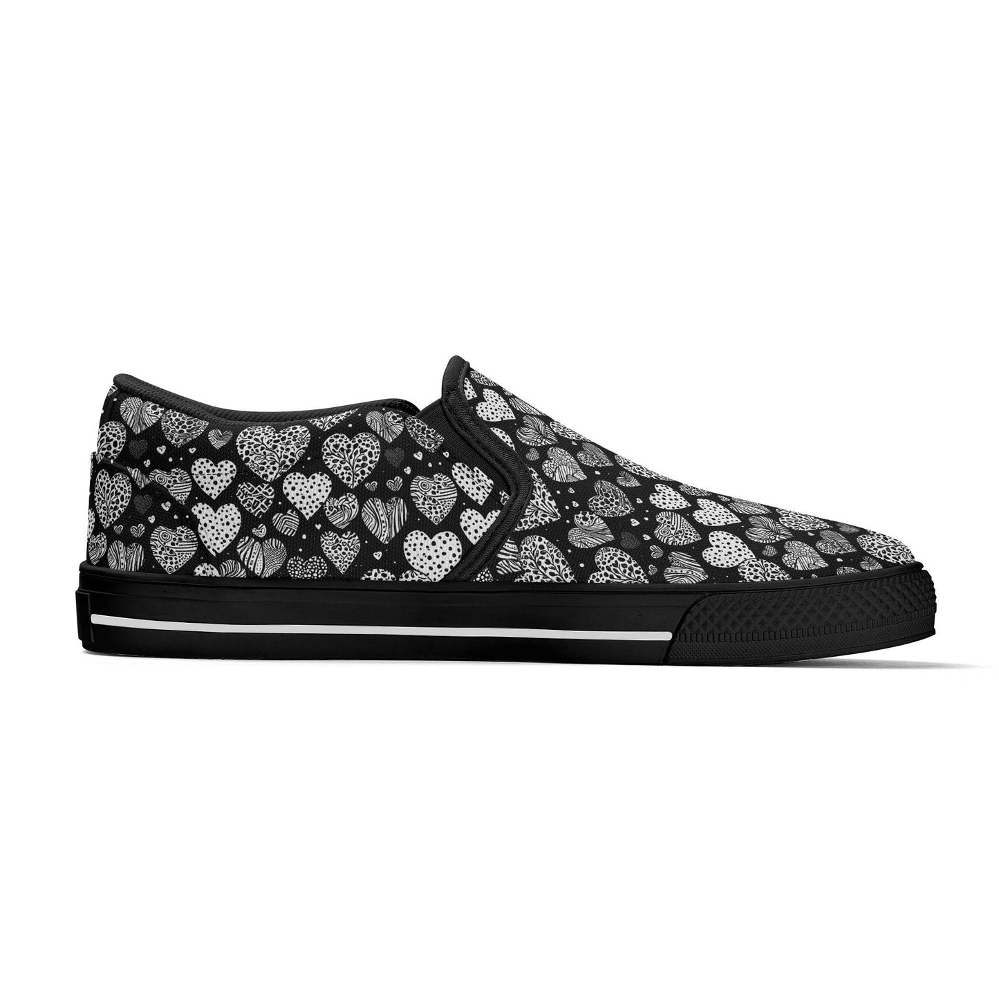 Women's Black and White Hearts Rubber Slip On Shoes - DeRose Seasonal