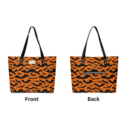 Women's Halloween Bats PU Leather Tote Bag with Front Zipper Pocket - DeRose Seasonal