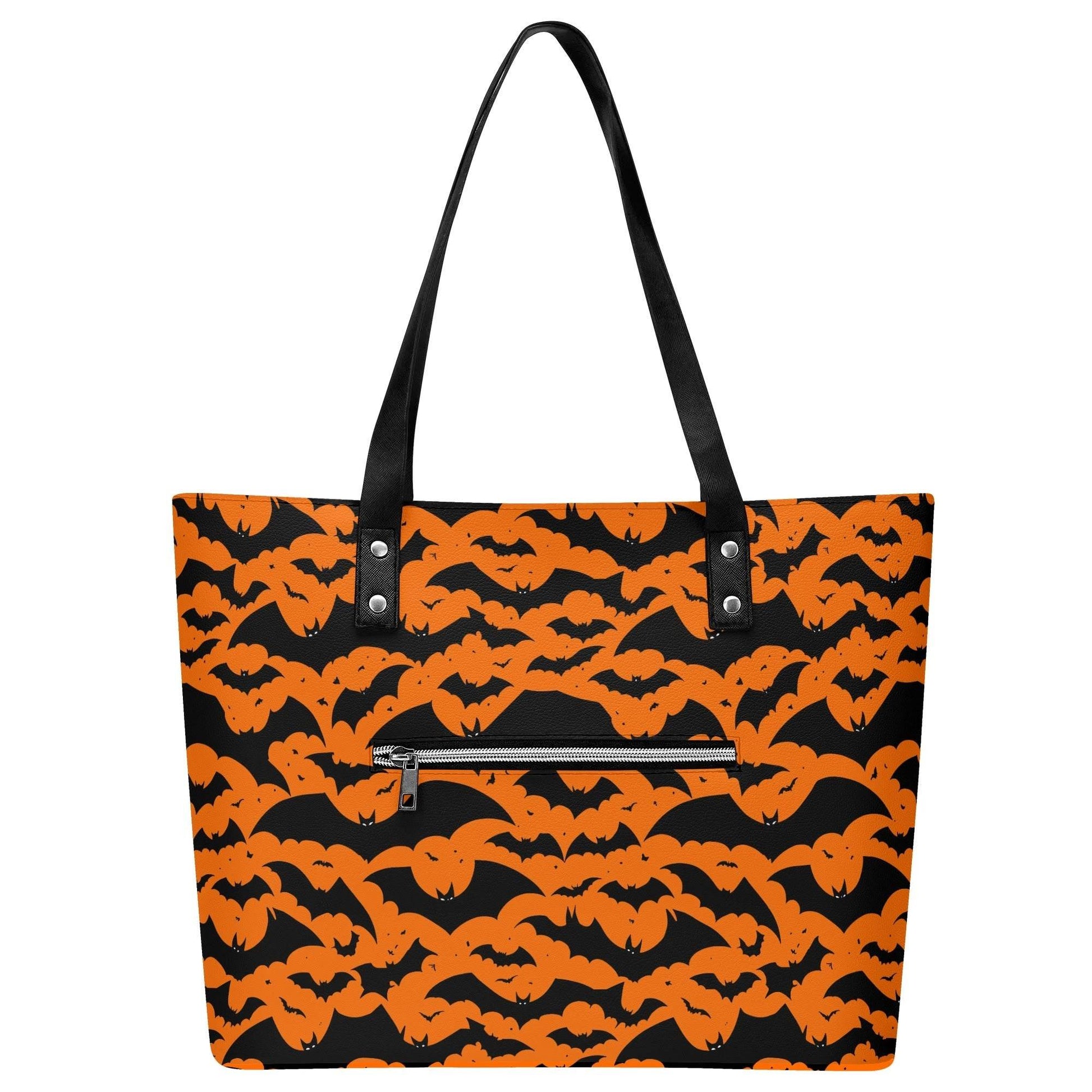 Women's Halloween Bats PU Leather Tote Bag with Front Zipper Pocket - DeRose Seasonal