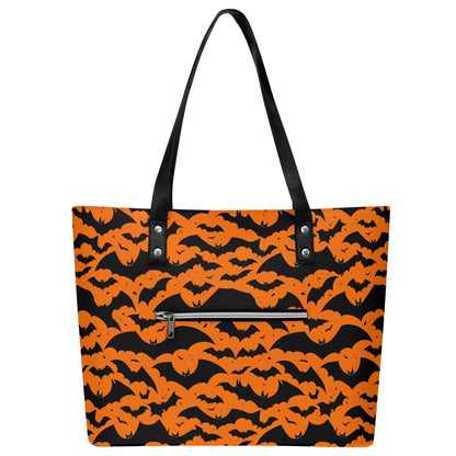 Women's Halloween Bats PU Leather Tote Bag with Front Zipper Pocket - DeRose Seasonal