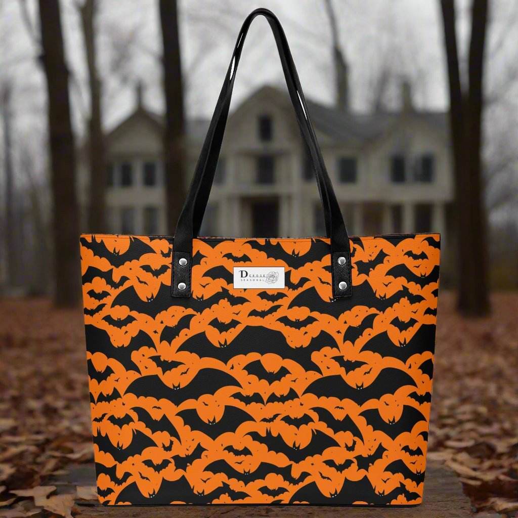 Women's Halloween Bats PU Leather Tote Bag with Front Zipper Pocket - DeRose Seasonal