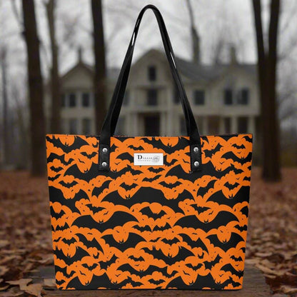 Women's Halloween Bats PU Leather Tote Bag with Front Zipper Pocket - DeRose Seasonal