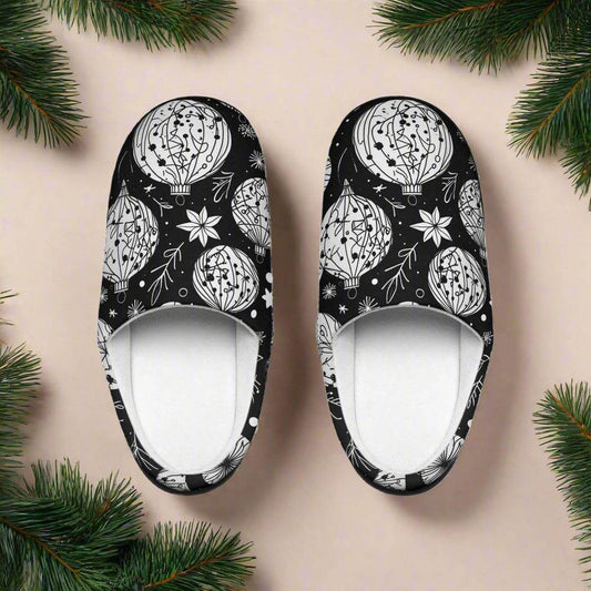 Women's Indoor Black and White Ornament Christmas Slippers - DeRose Seasonal