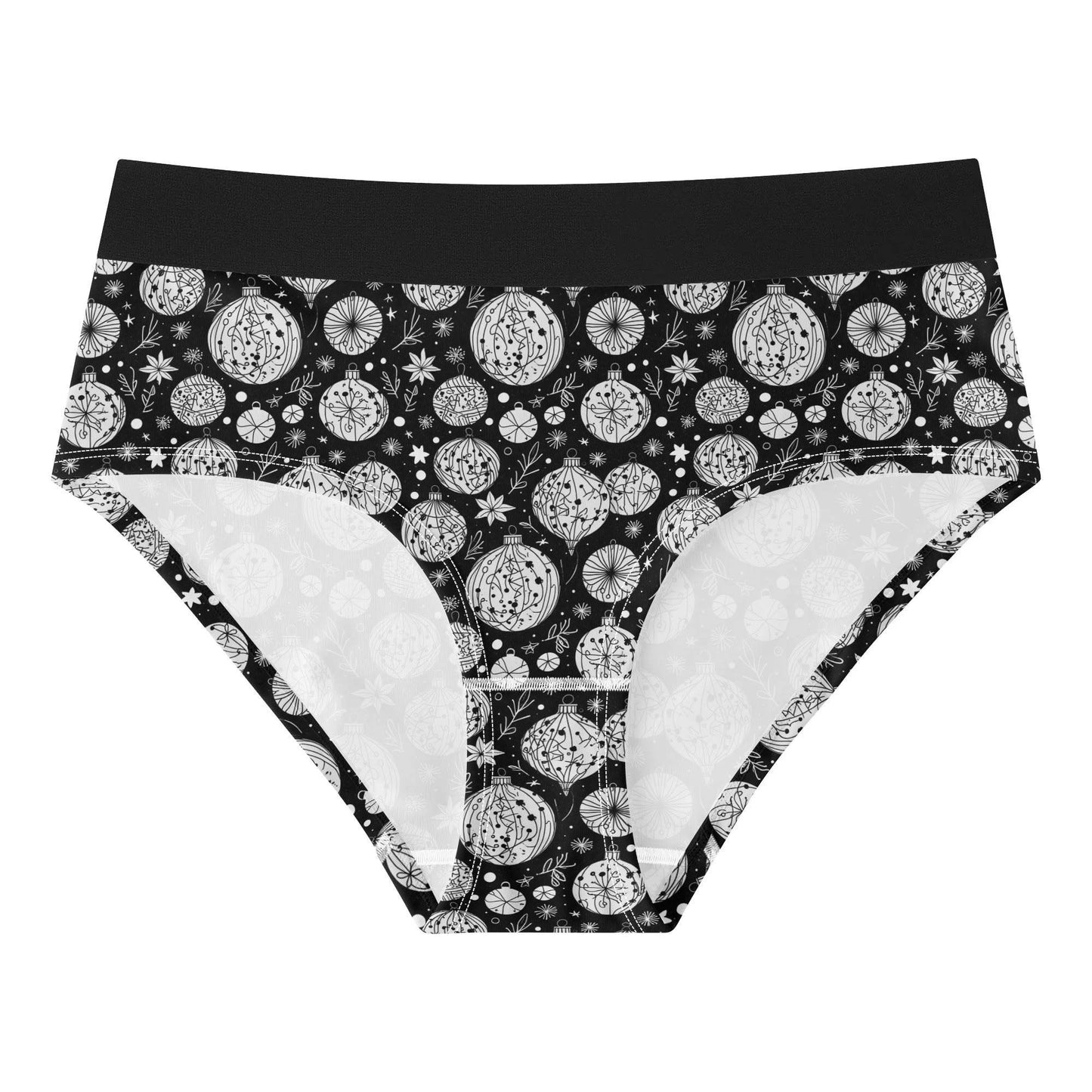 Women's Mid Waisted Black and White Christmas Ornament Briefs - DeRose Seasonal