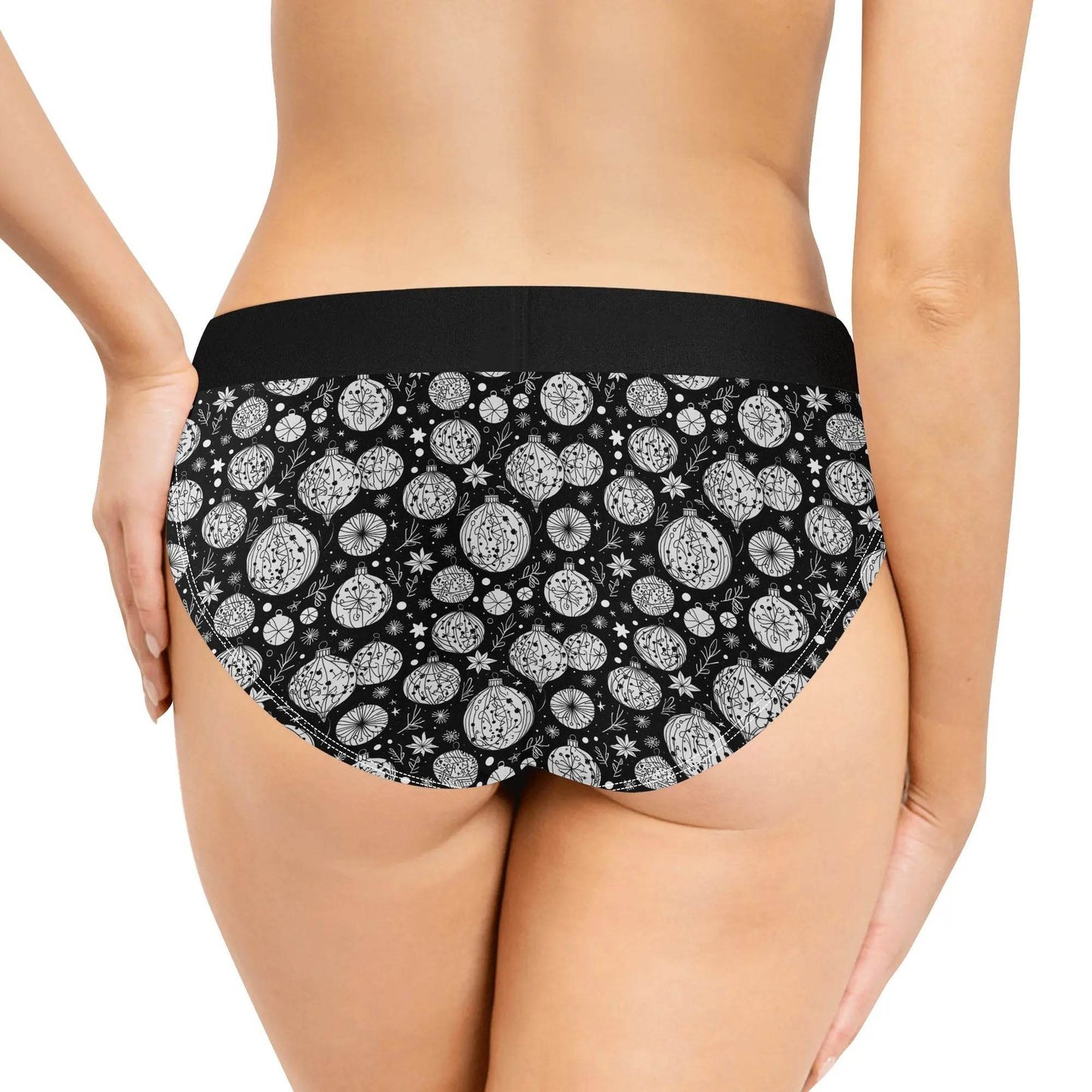 Women's Mid Waisted Black and White Christmas Ornament Briefs - DeRose Seasonal