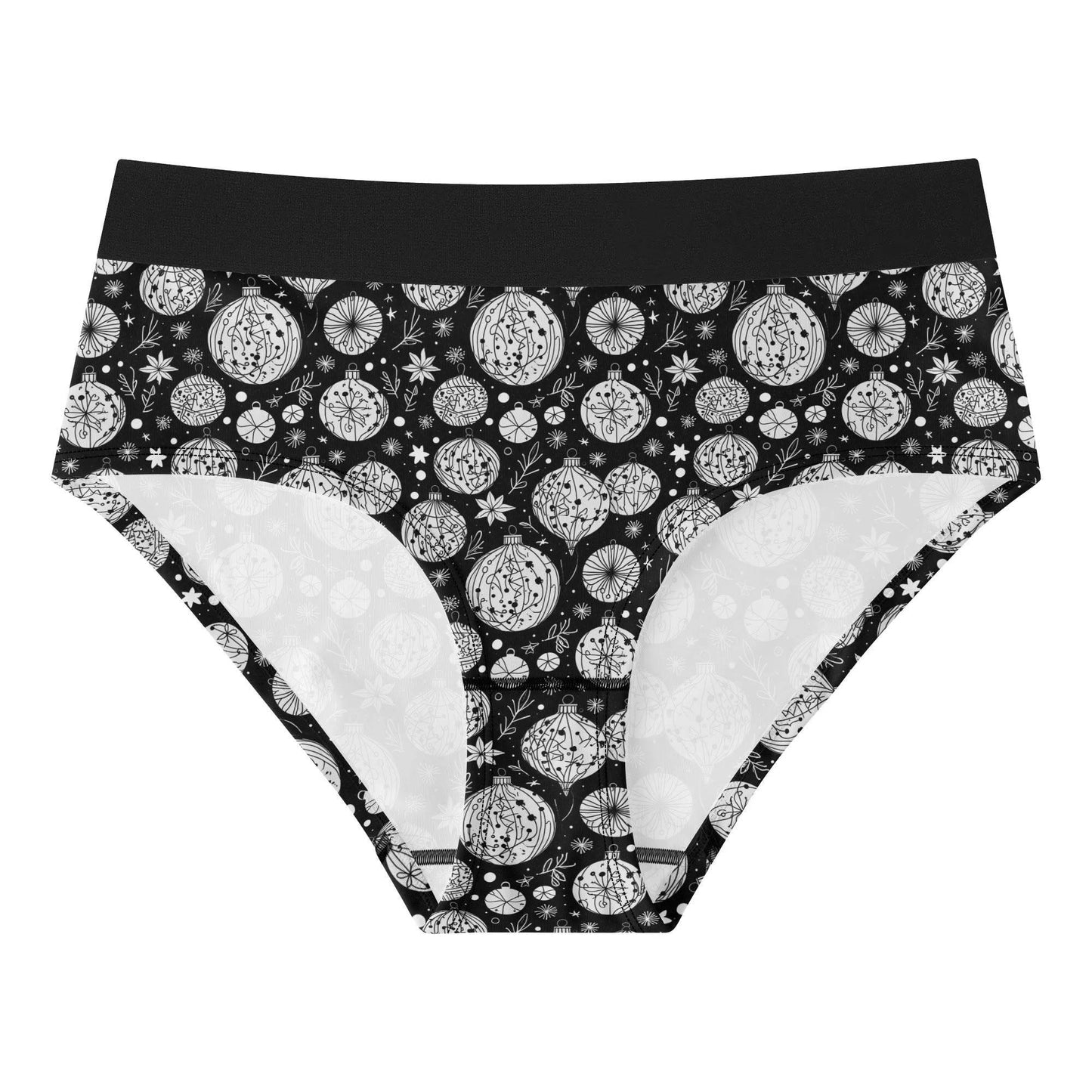 Women's Mid Waisted Black and White Christmas Ornament Briefs - DeRose Seasonal