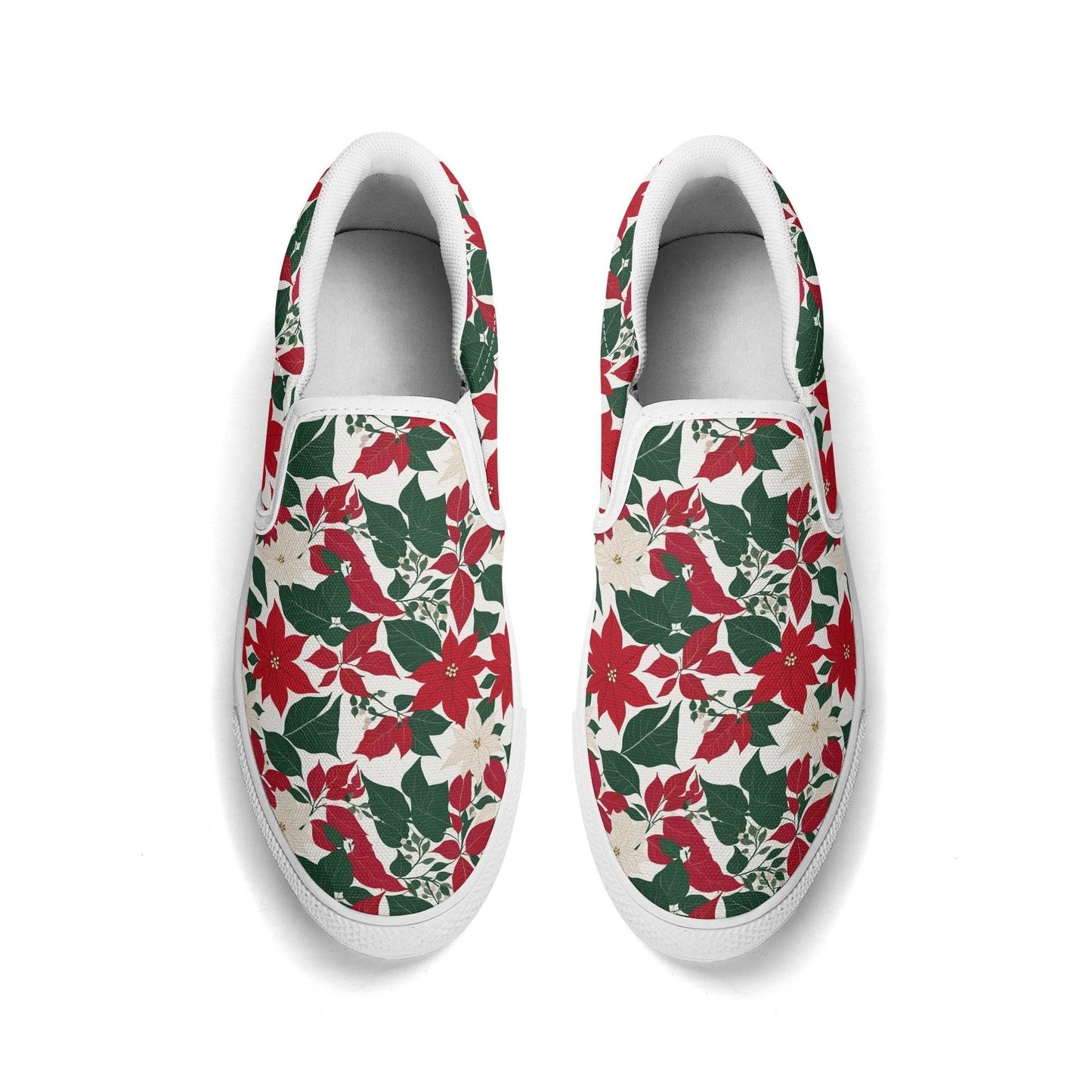 Women's Red and White Poinsettia Flower Rubber Slip On Shoes - DeRose Seasonal