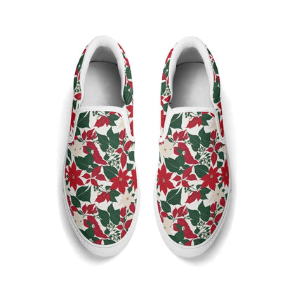 Women's Red and White Poinsettia Flower Rubber Slip On Shoes - DeRose Seasonal