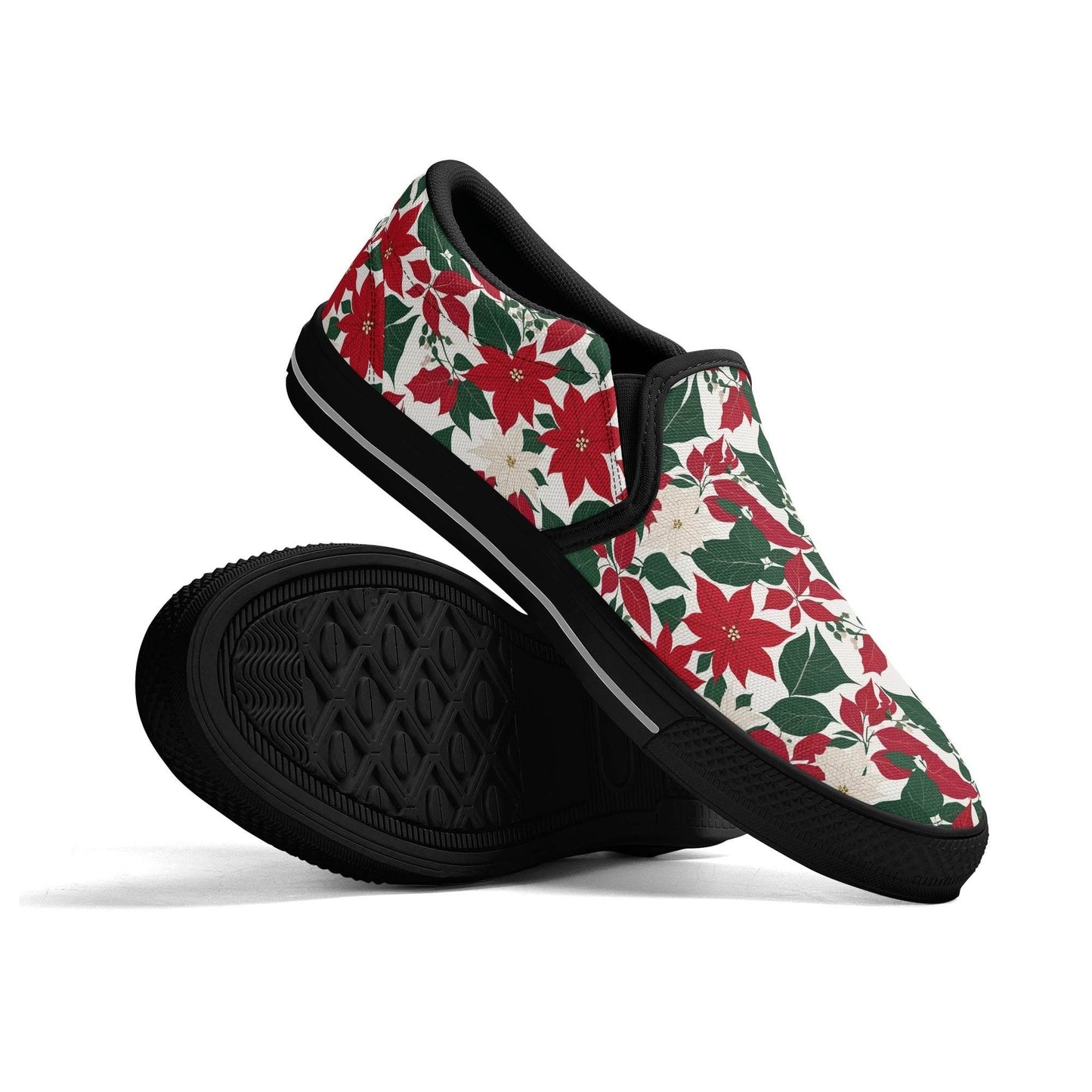 Women's Red and White Poinsettia Flower Rubber Slip On Shoes - DeRose Seasonal