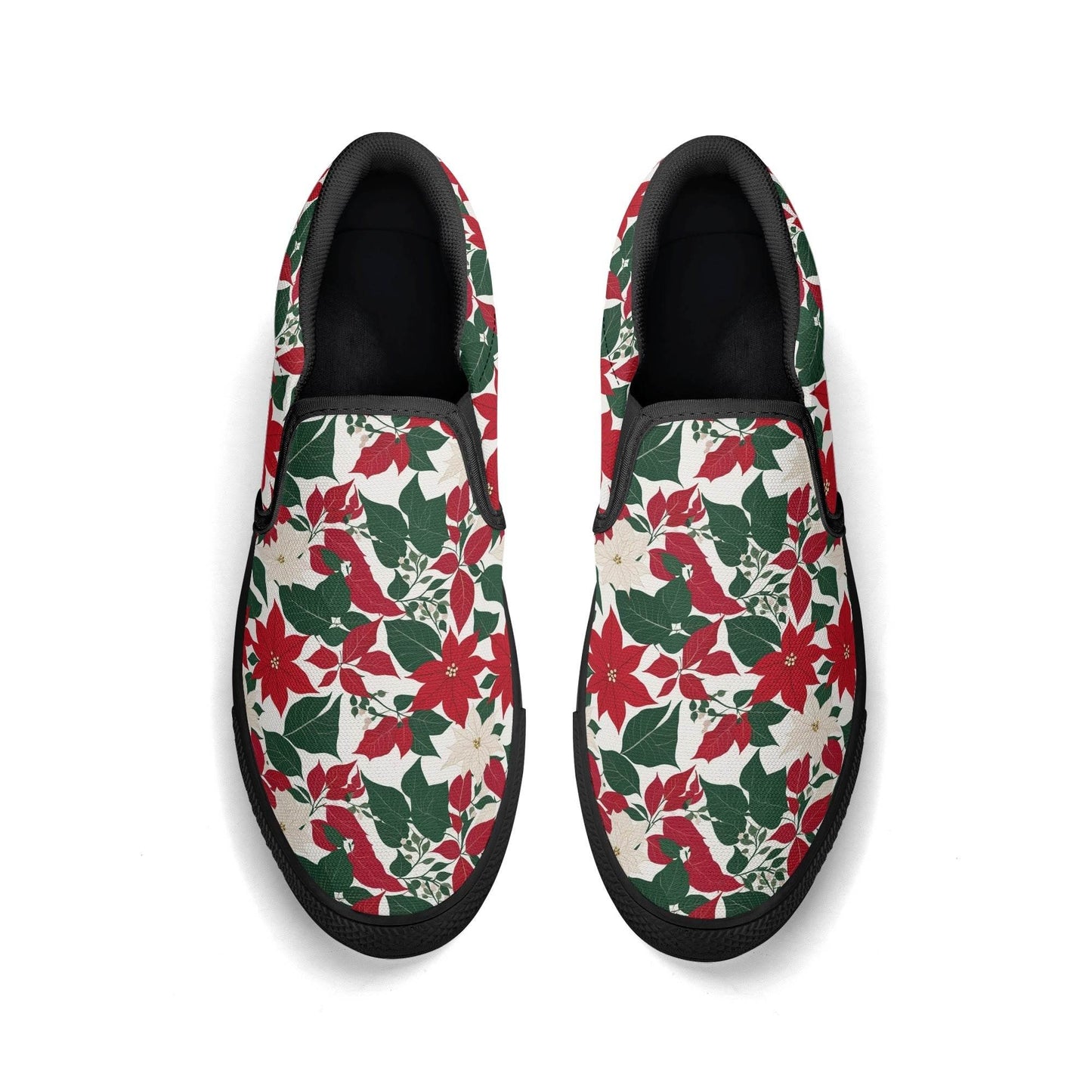 Women's Red and White Poinsettia Flower Rubber Slip On Shoes - DeRose Seasonal
