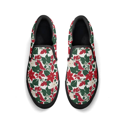 Women's Red and White Poinsettia Flower Rubber Slip On Shoes - DeRose Seasonal