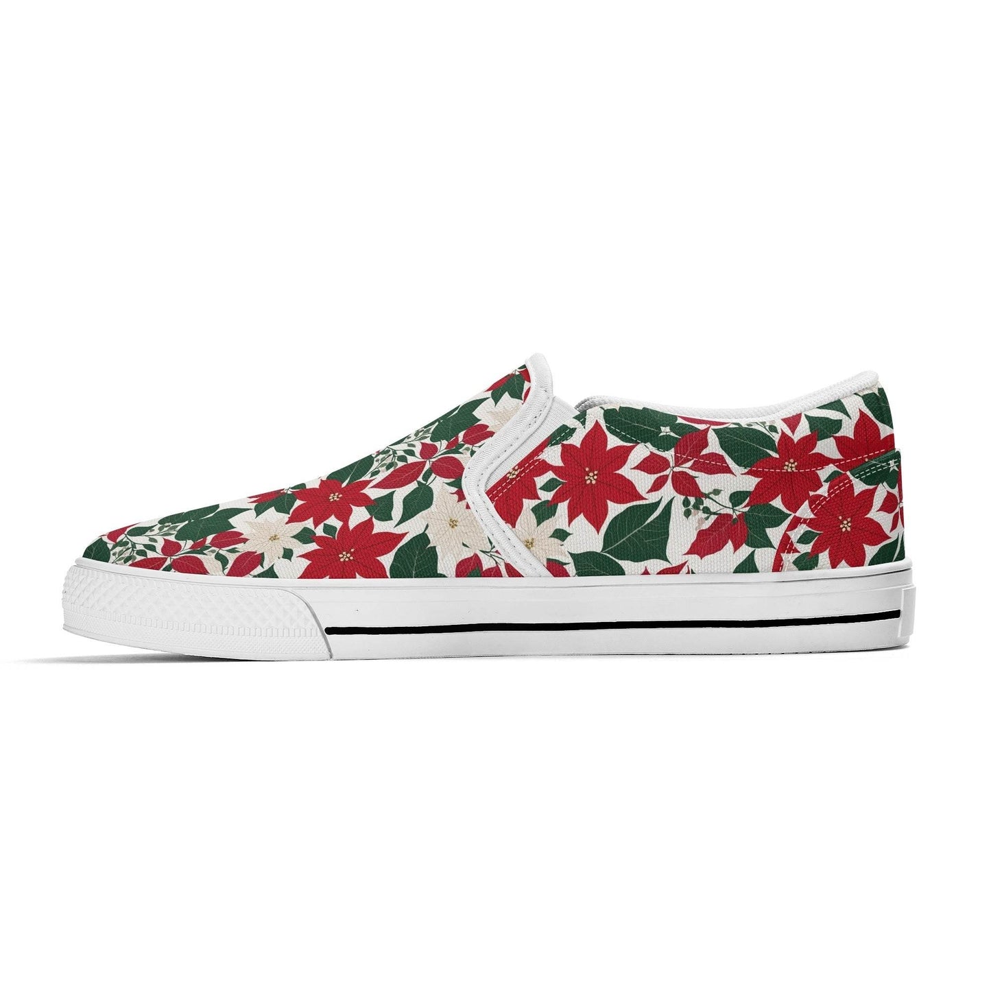 Women's Red and White Poinsettia Flower Rubber Slip On Shoes - DeRose Seasonal