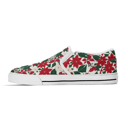 Women's Red and White Poinsettia Flower Rubber Slip On Shoes - DeRose Seasonal