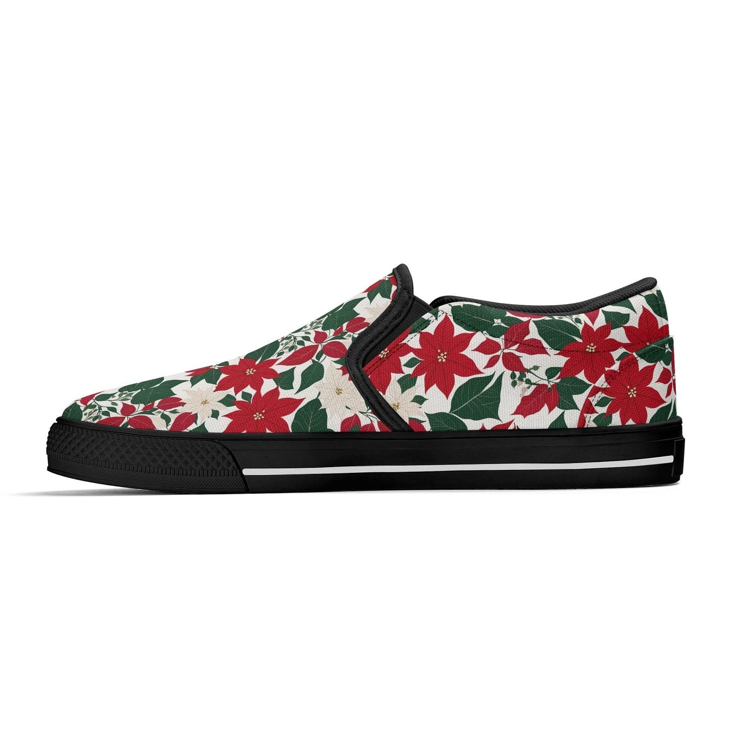 Women's Red and White Poinsettia Flower Rubber Slip On Shoes - DeRose Seasonal