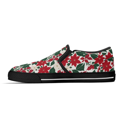 Women's Red and White Poinsettia Flower Rubber Slip On Shoes - DeRose Seasonal