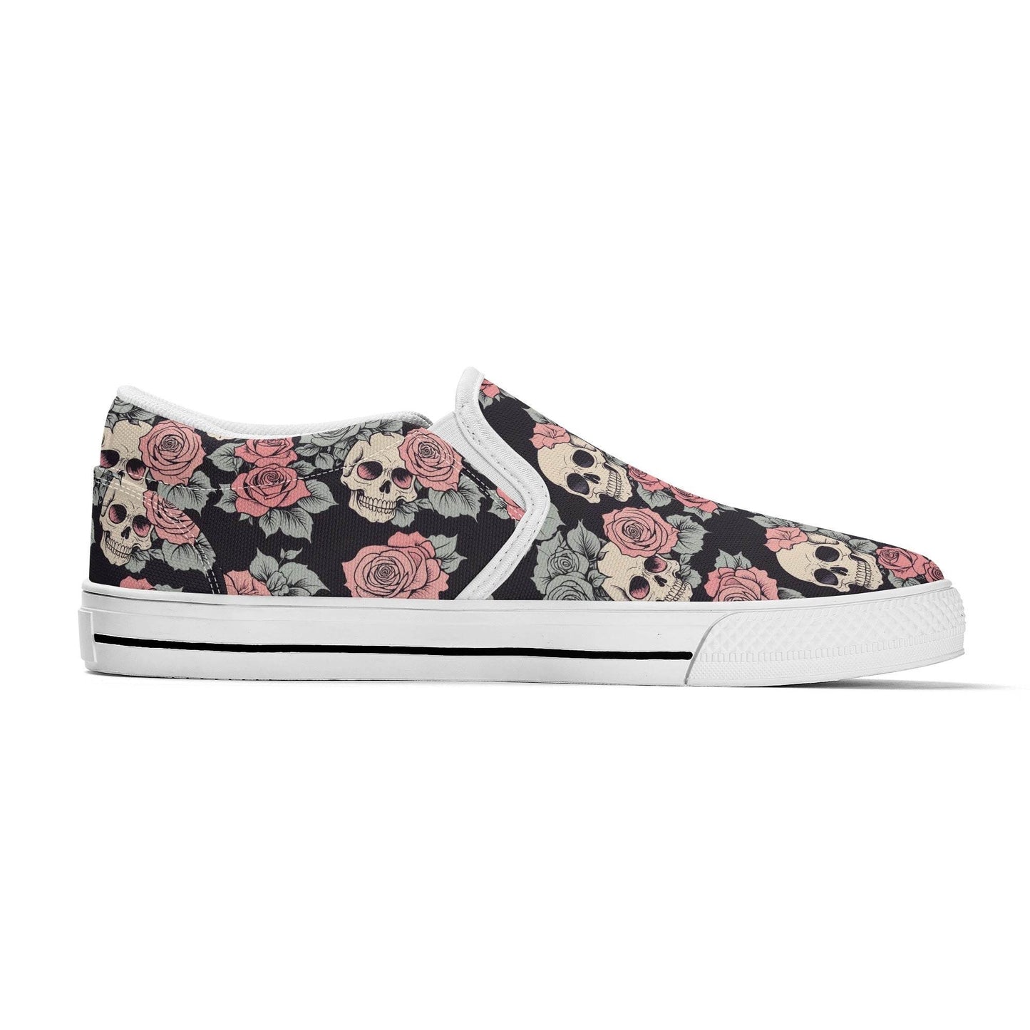 Women's Skull and Pink Rose Rubber Slip On Shoes - DeRose Seasonal