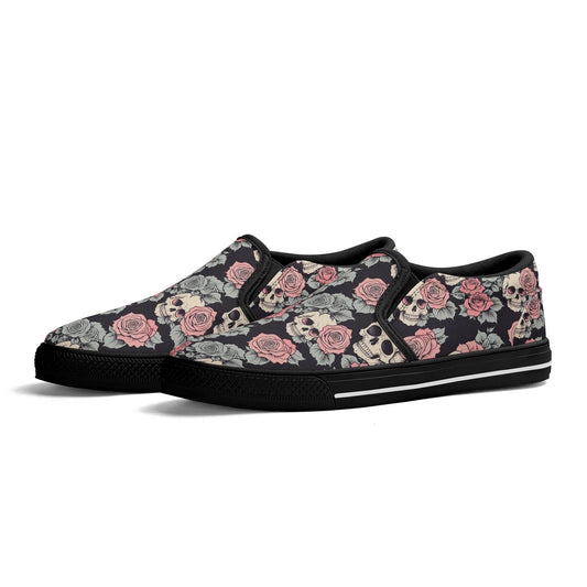Women's Skull and Pink Rose Rubber Slip On Shoes - DeRose Seasonal