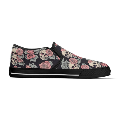 Women's Skull and Pink Rose Rubber Slip On Shoes - DeRose Seasonal
