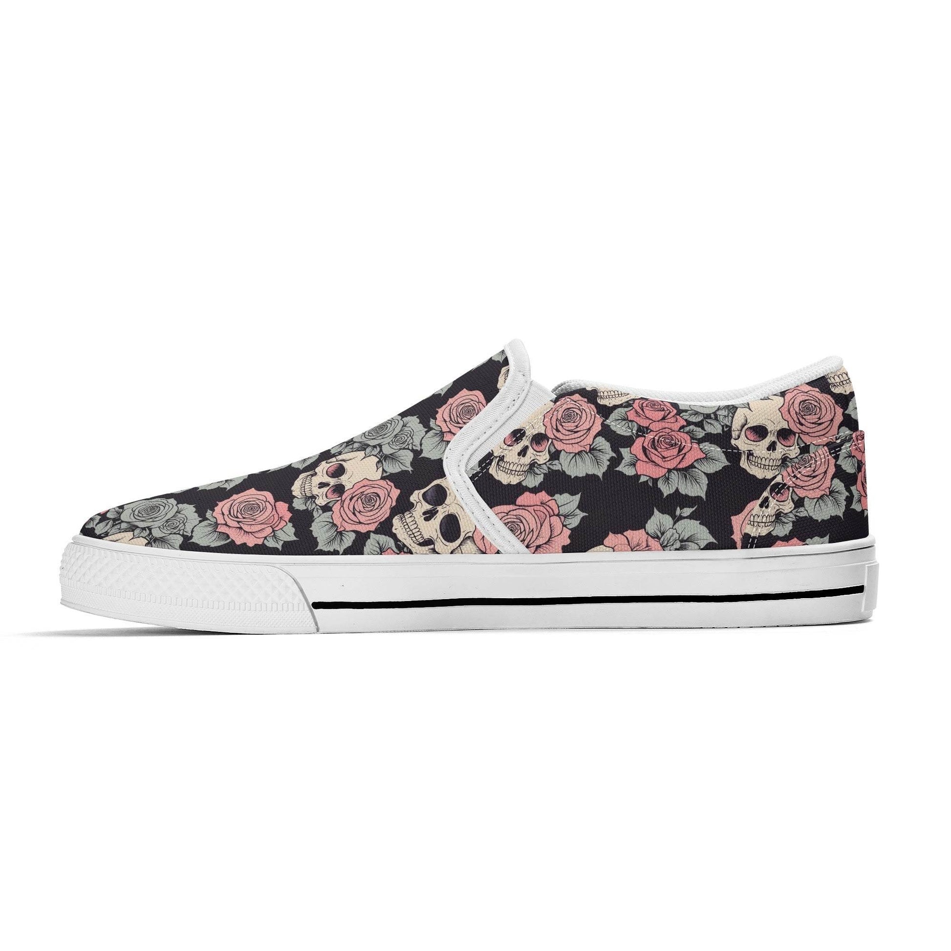 Women's Skull and Pink Rose Rubber Slip On Shoes - DeRose Seasonal