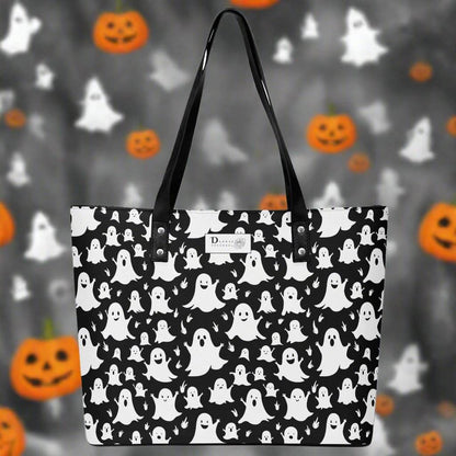 Women's Spooky Ghost PU Leather Tote Bag with Front Zipper Pocket - DeRose Seasonal
