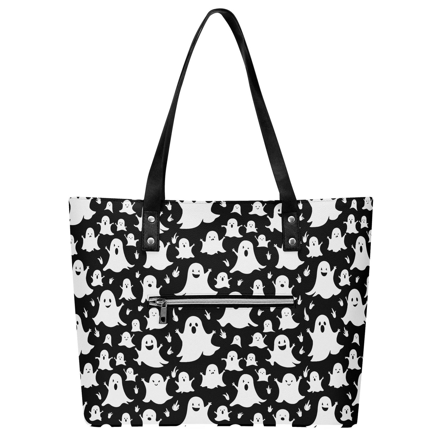 Women's Spooky Ghost PU Leather Tote Bag with Front Zipper Pocket - DeRose Seasonal