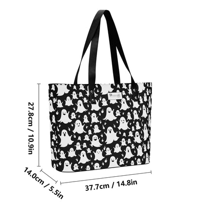Women's Spooky Ghost PU Leather Tote Bag with Front Zipper Pocket - DeRose Seasonal