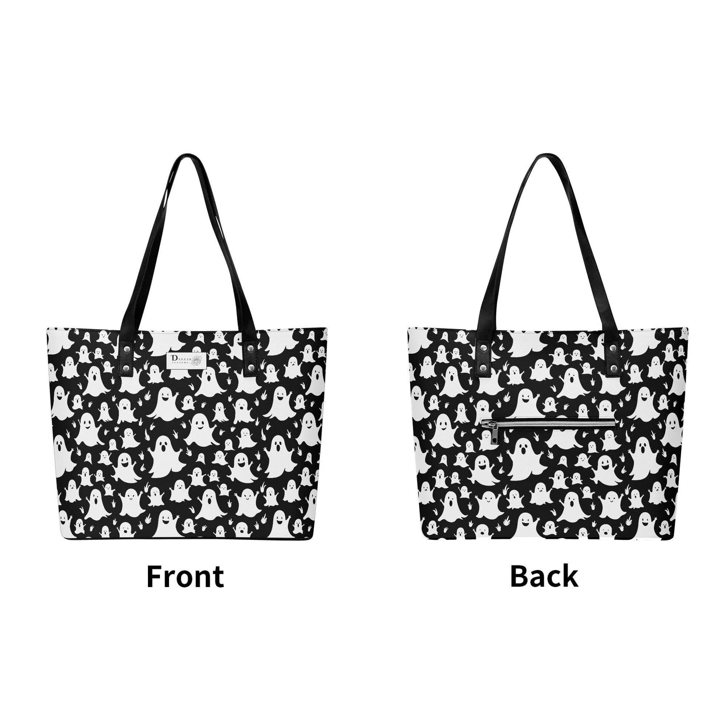 Women's Spooky Ghost PU Leather Tote Bag with Front Zipper Pocket - DeRose Seasonal