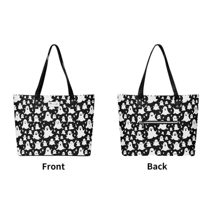 Women's Spooky Ghost PU Leather Tote Bag with Front Zipper Pocket - DeRose Seasonal