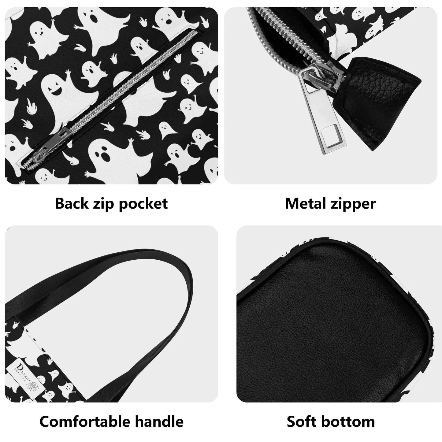 Women's Spooky Ghost PU Leather Tote Bag with Front Zipper Pocket - DeRose Seasonal