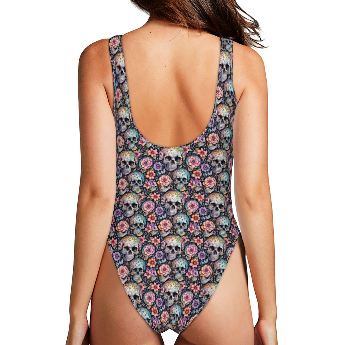 Pastel Floral and Skulls One-Piece Swimsuits Polyester and Spandex - DeRose Seasonal