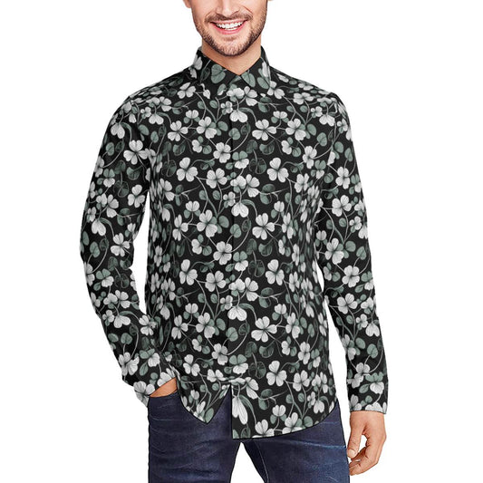 White Green Clovers Men's Classic Long-Sleeved Shirt | Polyester - DeRose Seasonal