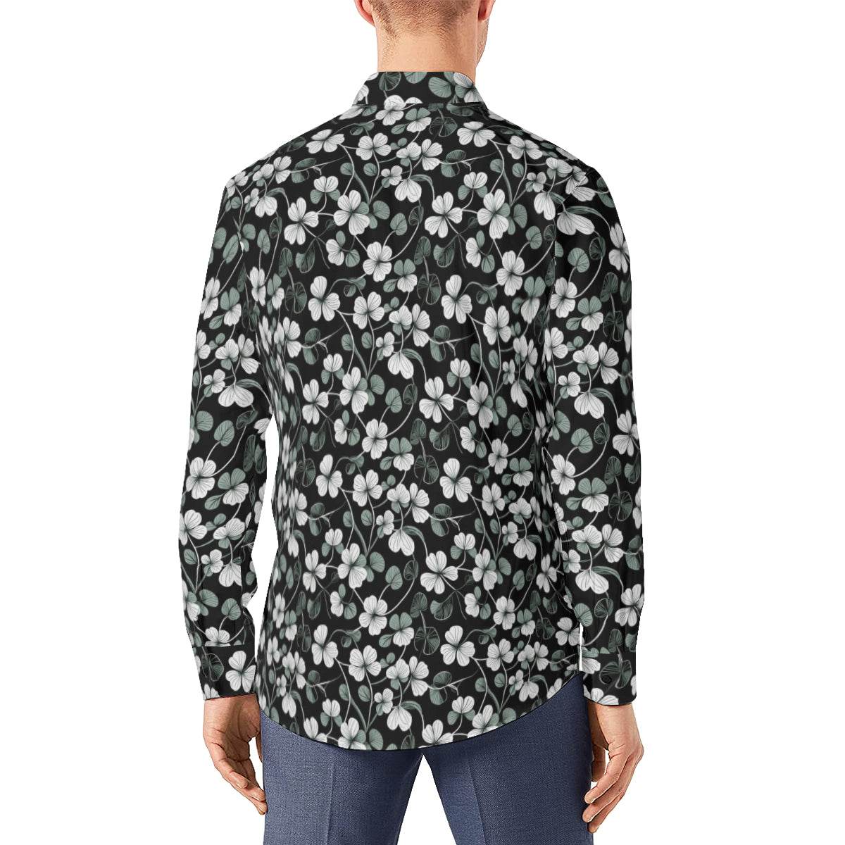 White Green Clovers Men's Classic Long-Sleeved Shirt | Polyester - DeRose Seasonal