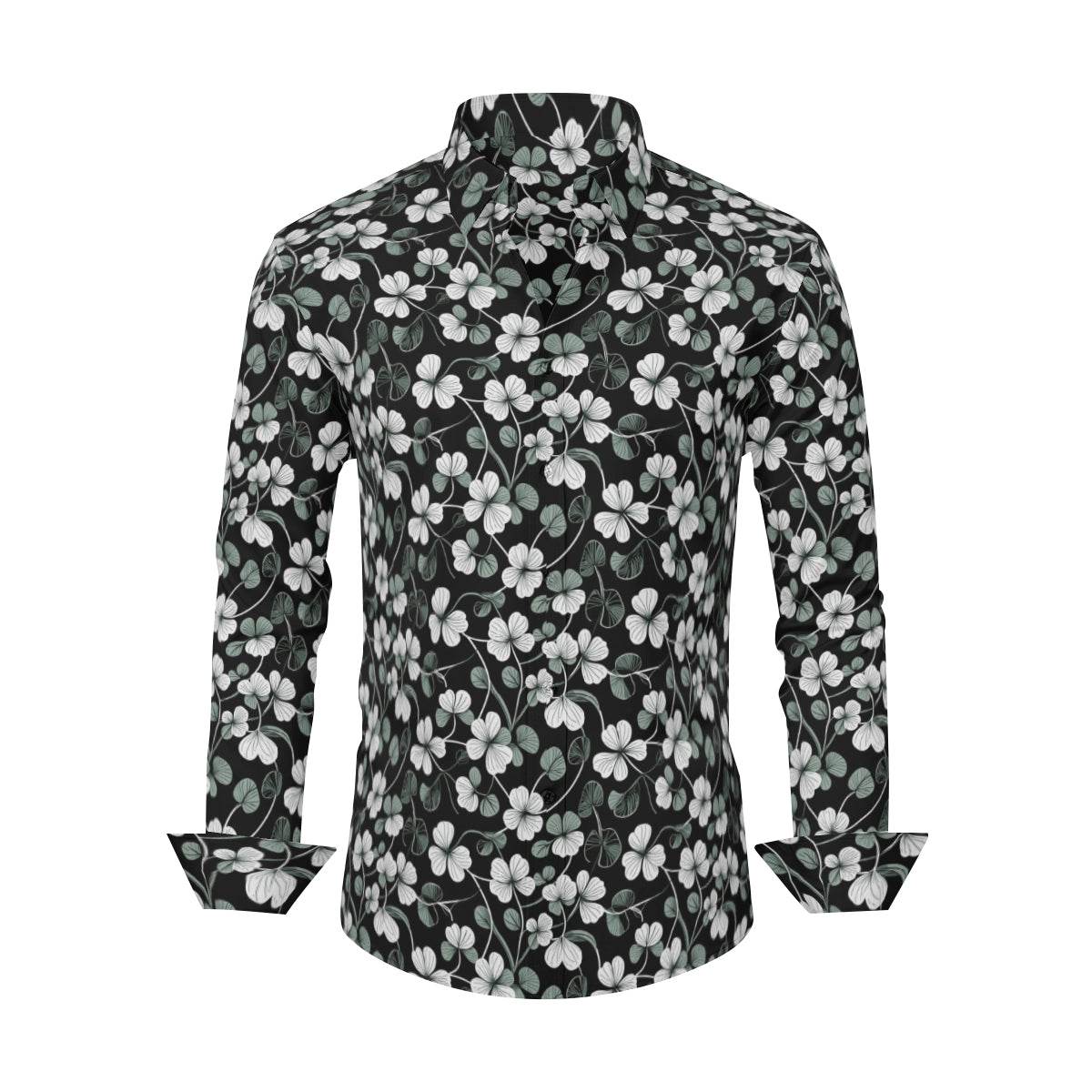 White Green Clovers Men's Classic Long-Sleeved Shirt | Polyester - DeRose Seasonal