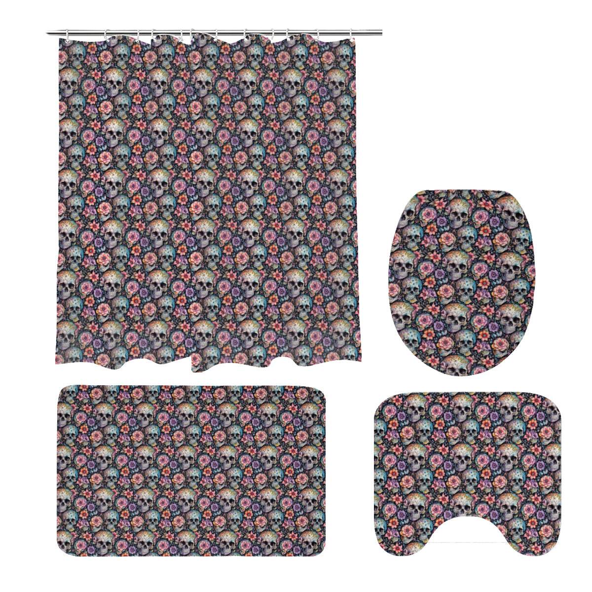 Pastel Floral and Skulls Bathroom Four-Piece Set(Shower Curtain + Toilet Cover Mat + Toilet Foot Mat + Floor Mat)| Polyester - DeRose Seasonal