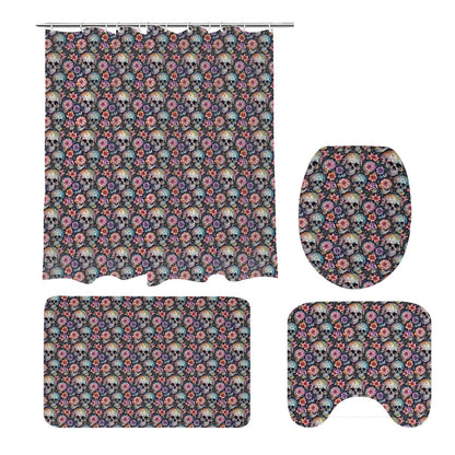 Pastel Floral and Skulls Bathroom Four-Piece Set(Shower Curtain + Toilet Cover Mat + Toilet Foot Mat + Floor Mat)| Polyester - DeRose Seasonal