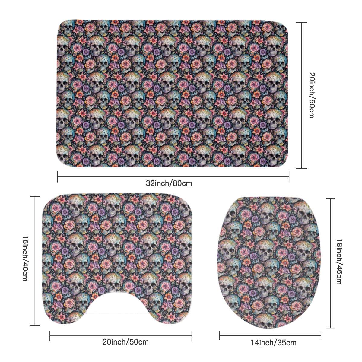 Pastel Floral and Skulls Bathroom Four-Piece Set(Shower Curtain + Toilet Cover Mat + Toilet Foot Mat + Floor Mat)| Polyester - DeRose Seasonal