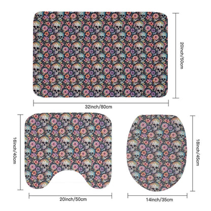 Pastel Floral and Skulls Bathroom Four-Piece Set(Shower Curtain + Toilet Cover Mat + Toilet Foot Mat + Floor Mat)| Polyester - DeRose Seasonal