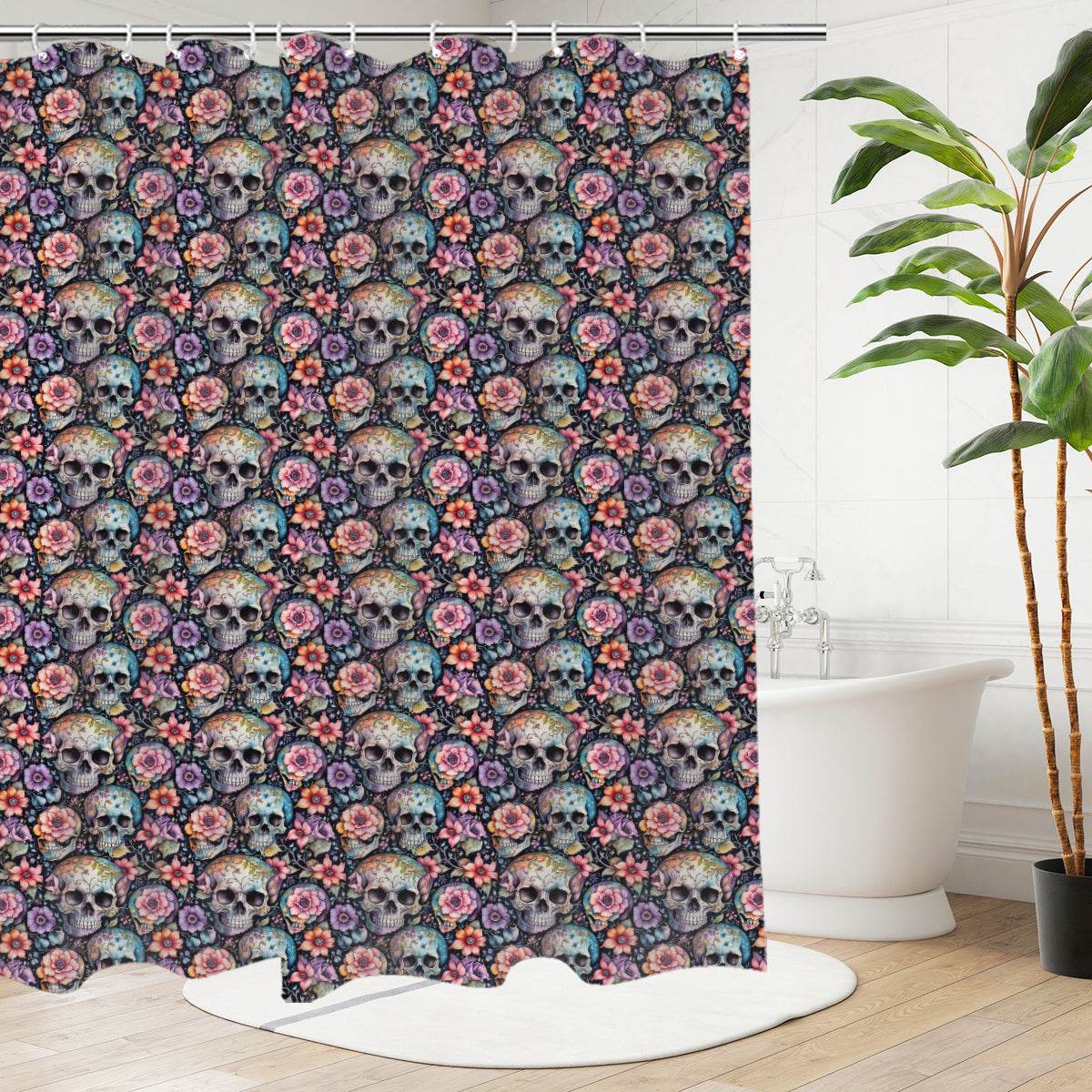 Pastel Floral and Skulls Bathroom Four-Piece Set(Shower Curtain + Toilet Cover Mat + Toilet Foot Mat + Floor Mat)| Polyester - DeRose Seasonal